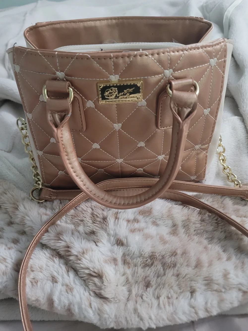 Betsey Johnson Quilted Mini Satchel Crossbody Bag Rose Gold Blush –
